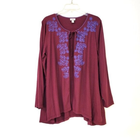 LOGO by Lori Goldstein Tops - LOGO by Lori Goldstein Jersey Knit Embroidered Open Front Cardigan